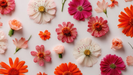 An overhead view displays an array of diverse flowers, featuring varying shapes and sizes. The arrangement incorporates diverse colors, ranging from vibrant oranges and deep pinks to delicate whites and pale pinks, arranged against a bright background. This floral composition could be used for decorative, design, and editorial applications.の素材