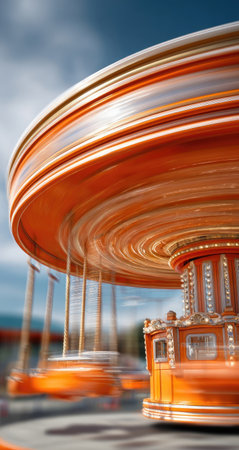 An amusement park carousel is captured in a dynamic state, showcasing its orange and white color scheme. The composition features a blurred background of a blue sky, and highlights the circular design. This image could be used for various commercial or editorial purposes related to entertainment and leisure.の素材