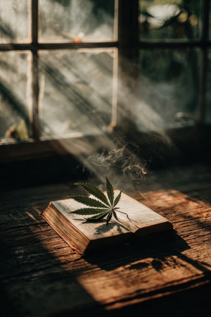 An open book rests on a wooden surface, with a cannabis leaf placed on its pages. Soft sunlight streams through a window, illuminating the scene and creating shadows. The composition is close-up, focusing on the textures of the book and the leaf, suitable for various editorial and conceptual applications.の素材