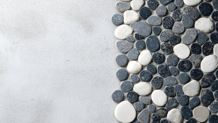 This image features a detailed view of a mosaic tile composed of smooth, rounded pebbles. The pebbles display variations in shades of gray and white, creating a natural and textured surface. The composition provides copy space for various design applications. It has potential for use in architectural, decorative, or artistic projects.の素材