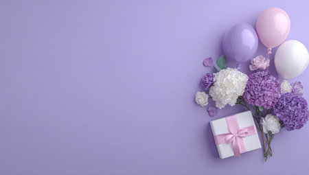 An overhead shot features a floral arrangement with hydrangeas, roses, and balloons against a soft purple backdrop. A neatly wrapped gift box is included in the composition. The setting evokes a sense of celebration and joy, suitable for various editorial and commercial applications.の素材