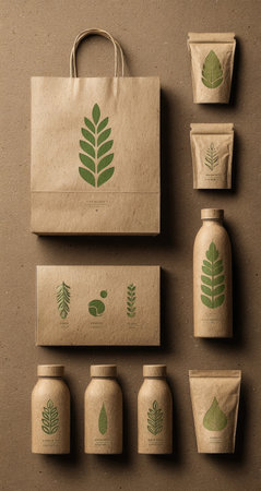 This image showcases various eco-friendly packaging items, including paper bags, bottles, and pouches. The design utilizes a natural color palette of brown and green, featuring leaf illustrations. The composition suggests a top-down view with soft lighting, suitable for promoting environmental responsibility or sustainable product branding. The arrangement allows for potential use in advertising or editorial projects.の素材