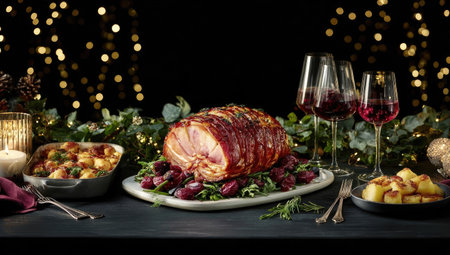 A beautifully arranged dinner scene features a roasted ham as the centerpiece, surrounded by garnishes and side dishes. Elegant wine glasses stand beside the meal, complemented by soft lighting. The composition suggests a celebratory occasion, perfect for illustrating food-related or editorial content.の素材
