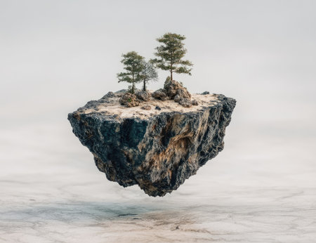This image presents a surreal composition featuring a floating rock island adorned with trees. The visual characteristics include a mix of muted earthy tones, textures, and a soft, diffused lighting. The image evokes a sense of serenity and can be suitable for a variety of creative and commercial applications.の素材
