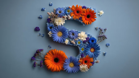 The letter S is artfully created with an assortment of vibrant orange and blue flowers. The composition showcases a close-up perspective with detailed textures and contrasting colors against a soft blue backdrop, possibly indoors. It presents an appealing aesthetic for various design projects and visual content applications.の素材