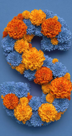 An artistic composition features the letter S formed from vibrant orange and blue flowers. The design presents a floral aesthetic, set against a solid blue background, and is composed with a close-up perspective. This image could be utilized for various commercial purposes, including design elements or decorative applications.の素材
