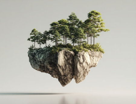 A rock formation floats in a minimalist setting, featuring lush green trees atop. The composition highlights a textured rock surface contrasted with the verdant foliage. The scene is illuminated by soft lighting, suggesting a studio environment. This image could be used for various creative projects and conceptual designs.の素材