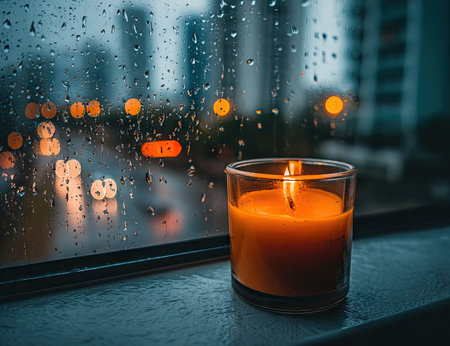 A close-up view presents a lit orange candle within a glass holder on a windowsill. Raindrops cling to the glass, obscuring a blurry background of city lights and buildings. The scene utilizes natural lighting and evokes a cozy atmosphere suitable for various visual media uses.の素材