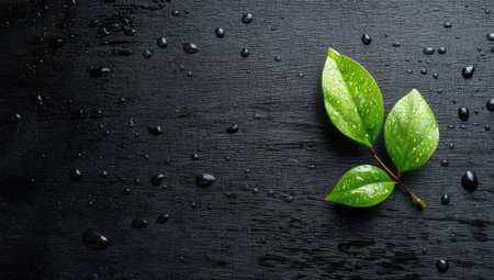 Two green leaves with water droplets rest on a dark textured surface. The image features a macro shot that showcases the details of the leaves and drops. The composition and lighting create a moody effect suitable for conceptual designs and various commercial applications.の素材