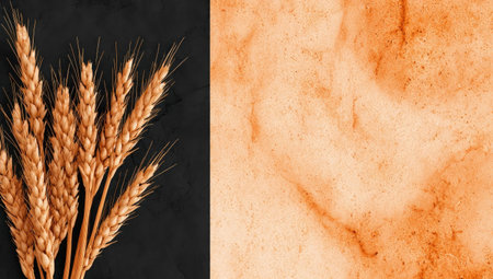 A close-up view displays golden wheat stalks set against a contrasting black background, alongside an orange, textured abstract design. The composition features sharp focus on the wheat, with a blend of natural tones and an artistic style. This imagery may be suited for commercial projects, encompassing design or editorial uses.の素材