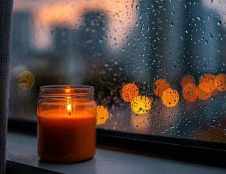 A close-up shot captures a candle in a glass jar, illuminated by a warm flame. The window behind features rain drops, and the blurry background shows city lights at dusk. The scene presents a cozy ambiance and might be suitable for themes related to relaxation, meditation, or interior design.の素材