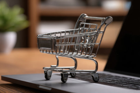 A small metallic shopping cart rests on a laptop keyboard. The image shows the device indoors, possibly on a wooden surface. The composition uses a shallow depth of field, with the cart in sharp focus. This photo could be useful for illustrating online shopping, retail, and business topics.の素材