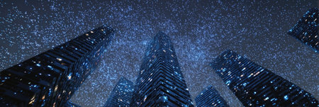 An upward perspective showcases tall skyscrapers silhouetted against a dark, starry sky. The buildings display illuminated windows. The image has a cool color palette with high contrast, suggesting a nighttime setting. This visual may be suitable for architectural, technological, or conceptual themes.の素材