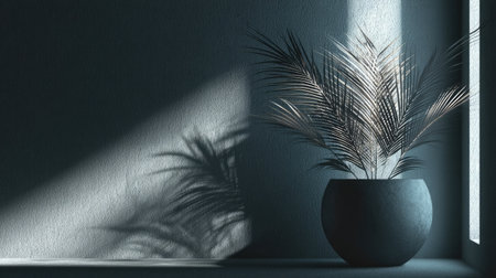 A potted plant sits indoors near a window, illuminated by natural light. The composition emphasizes shadows and a monochromatic color scheme. A minimalist aesthetic is present, suitable for various design projects and editorial uses. The scene evokes a tranquil atmosphere with soft textures.の素材
