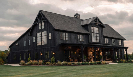 The image showcases a modern black barn house exterior. The structure is set against a cloudy sky with green grass in the foreground. It features symmetrical architecture and large windows. This image could be used for architectural design, real estate marketing, or editorial content.の素材