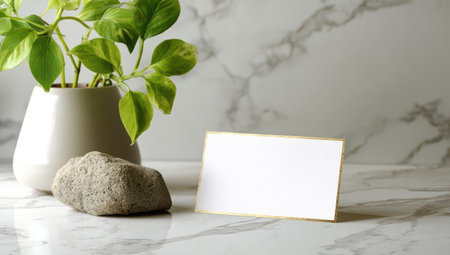 A vibrant green plant in a white pot rests alongside a stone and a blank rectangular card on a marble countertop. The image exhibits soft lighting and a clean composition. It could be used in presentations, website design elements or for commercial concepts. The neutral backdrop suggests a modern interior setting.の素材