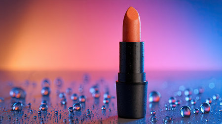 A single lipstick tube stands upright against a blurred gradient backdrop of orange, pink and blue. Water droplets cover the reflective surface, adding texture and highlighting the product. The composition uses dramatic lighting, suitable for cosmetic advertising, beauty articles, or promotional materials.の素材