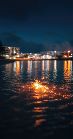 An image captures a firework display over calm water at night, with reflections adding depth. The scene showcases vibrant orange and yellow sparks contrasted against dark water. Soft lighting illuminates blurred buildings in the background. Suitable for use in various commercial and editorial applications.の素材
