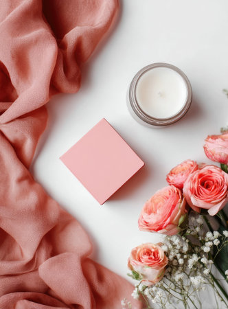 An overhead shot reveals a composition featuring pink roses, a scented candle in a glass jar, and delicate fabric. The soft focus and gentle lighting create an inviting aesthetic. This image would be suitable for beauty, lifestyle, or design-related projects, offering visual appeal for editorial or commercial applications.の素材