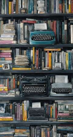 An image showcases several antique typewriters nestled amongst numerous books on a bookshelf. The composition features diverse book spines and the typewriters in various colors. The overall effect evokes a sense of history and literature. This image can serve as imagery for editorial use and commercial projects.の素材