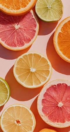 This image presents an assortment of sliced citrus fruits arranged on a pastel pink surface. The composition features close-up views of oranges, grapefruits, lemons, and limes. The color palette includes bright oranges, pinks, yellows and greens. This image could be used for various commercial projects related to food or health.の素材