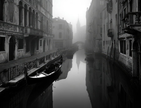 A black and white photograph captures a canal scene featuring a boat and buildings shrouded in mist. The image uses a high contrast palette and features soft lighting effects, creating an atmospheric, almost surreal, look. Suitable for use in editorial content, this photograph would fit well in travel or artistic projects.の素材
