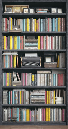 A full bookshelf displays rows of colorful books and various decorative objects. The scene features a vintage typewriter, picture frames, and small boxes. The lighting appears soft, indicating an indoor setting. This image is suitable for editorial purposes or as a backdrop for design projects.の素材