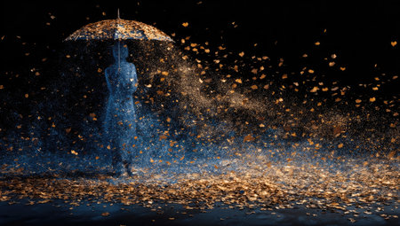 A woman stands beneath an umbrella, experiencing a stylized rain of falling leaves. The composition uses dramatic lighting and color contrasts with a dark backdrop. The image evokes a sense of solitude and mystery. It could be useful for illustrating themes of weather, seasons, or abstract concepts in various editorial or commercial projects.の素材