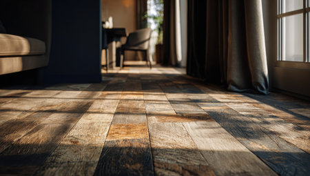 A close-up view presents a wooden floor illuminated by sunlight, casting shadows. The natural wood grain and various colors create a textured appearance. The scene suggests an interior space, likely a room with a window, suitable for depicting home interiors or architectural details. Potential applications include design and lifestyle visuals.の素材