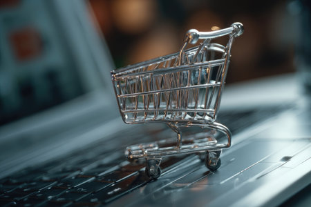 A close-up view presents a small metallic shopping cart resting on a laptop keyboard. The composition highlights the cart's details and the keyboard's grid. The lighting provides a soft glow, emphasizing the textures and materials. This image can be used for various commercial themes, including online shopping and technology.の素材