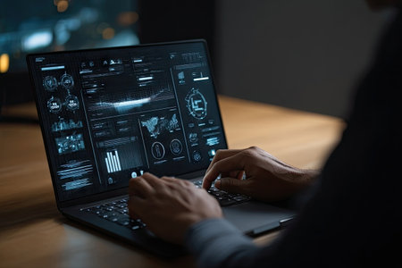 A person is shown working on a laptop computer displaying a data analysis interface. The scene is illuminated with a soft light, highlighting the details on the screen and the person's hands. The composition presents a modern workspace. This image is suitable for various commercial uses, including technology and business related projects.の素材
