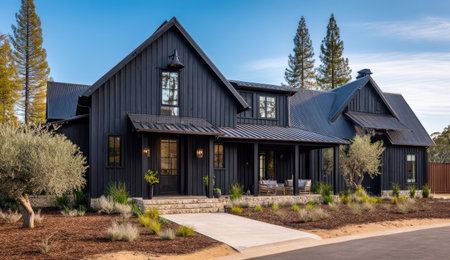 A contemporary exterior showcases a black-painted house with a dark roof and contrasting light pathway. The house features multiple windows and a porch, framed by lush landscaping and trees. The clear daytime sky creates a pleasant background. Suitable for architectural, real estate, and lifestyle content.の素材