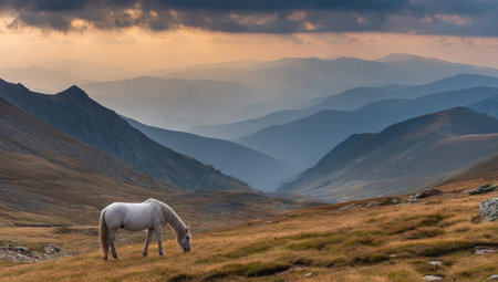 A white horse grazes peacefully in a mountainous environment under a cloudy sky. The image displays layers of blue mountains fading into the horizon, with a foreground of brown grassy terrain. The scene has soft lighting and a natural, outdoor aesthetic suitable for a variety of uses.の素材