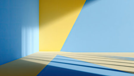 This image presents an abstract scene with a geometric composition featuring blue and yellow hues. The artwork employs sharp angles and contrasting colors. Shadows and sunlight create depth and visual interest. It could be suitable for various design projects, marketing materials, or editorial use.の素材