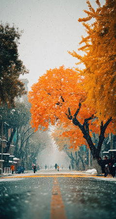 An autumn street scene showcases colorful trees and a road dusted with snow. The vibrant orange foliage contrasts with the neutral tones of the buildings and sky. The image features a symmetrical composition with an open perspective, and soft lighting that may be suitable for editorial or commercial purposes.の素材