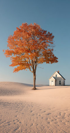 An image showcases a solitary tree with vibrant orange foliage standing beside a small, white house. The scene is bathed in warm sunlight, casting soft shadows across the sandy terrain. The composition is balanced, set against a clear blue sky, suggesting a tranquil outdoor setting. Suitable for various editorial and commercial applications.の素材