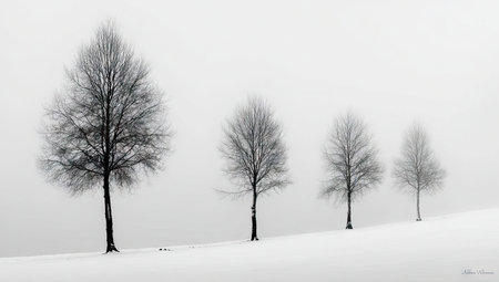 Four bare trees stand silhouetted against an overcast white sky, their branches reaching. The monochromatic composition features contrasting textures of the snow and tree bark. This minimalist landscape conveys a sense of isolation and tranquility, suitable for various editorial and commercial projects.の素材