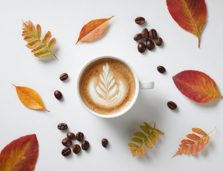 A top-down composition features a cup of coffee with latte art surrounded by colorful autumn leaves and scattered coffee beans. The arrangement presents a warm palette of reds, oranges, and browns against a white backdrop. The imageの素材