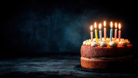 A close-up captures a round cake adorned with lit candles. The cake presents a rustic aesthetic with a dark, blurred backdrop suggesting a celebratory occasion. Warm candlelight illuminates the scene, hinting at a nighttime setting. The image could be used for various commercial or editorial projects.の素材