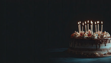 A birthday cake is seen with numerous lit candles against a dark backdrop. The cake features decorative frosting and a chocolate drizzle. The composition highlights the lit candles in a low-key lighting setting, suggesting a celebratory occasion. Suitable for commercial and editorial uses such as events and celebrations.の素材