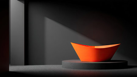 An orange geometric form is positioned on a circular pedestal within a dark, minimalist studio. The composition features sharp angles and defined shadows, enhancing the dimensional qualities of the abstract design. This image could be suitable for various commercial uses, including product presentations or conceptual illustrations.の素材
