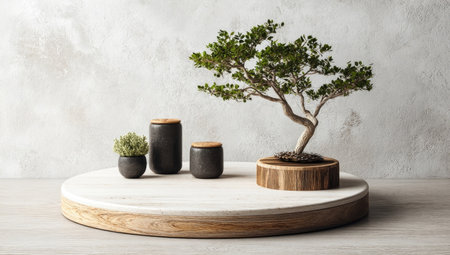 A small bonsai tree and several dark ceramic containers are displayed on a round wooden platform. The composition features soft lighting and a neutral background. The image has a clean aesthetic and could be suitable for various commercial purposes, including advertising and editorial content.の素材