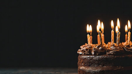 A close-up captures a chocolate cake, crowned with multiple lit candles. The rich brown frosting and cake contrast against the dark backdrop. The composition is balanced, with soft light illuminating the candles. Suitable for use in festive themes or celebratory projects.の素材
