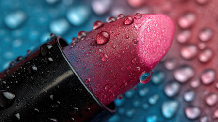 A close-up captures a lipstick covered in water droplets against a blurred gradient backdrop of red and blue. The composition highlights the texture and form of the beauty product, showcasing a glossy surface. Suitable for beauty, cosmetic, or fashion advertising, it offers a visually appealing aesthetic.の素材
