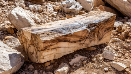 This image showcases a close-up of a wooden beam, possibly from an old structure, surrounded by rocks and dry earth. The wood displays intricate grain patterns and natural textures. The composition suggests an outdoor environment with warm lighting. It could be suitable for various commercial or editorial applications.の素材