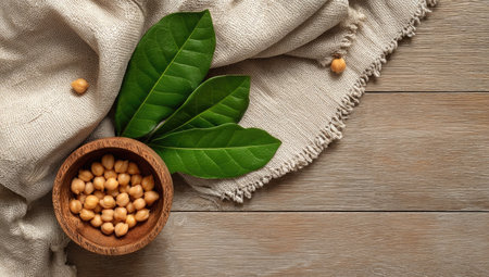 A wooden bowl filled with chickpeas is positioned beside fresh green leaves on a textured linen cloth. The arrangement sits on a light wooden surface with visible grain. Natural lighting highlights the organic forms, suitable for illustrating food or wellness concepts, and is appropriate for various commercial applications.の素材