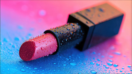 A close-up photograph displays a lipstick covered in water droplets against a vivid gradient backdrop of blue and pink. The cosmetic product is featured in sharp focus, showcasing its texture. The composition suggests an indoor setting, and this image could be used in advertising, beauty or fashion editorials, or product promotion.の素材