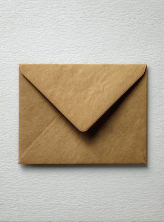 A brown paper envelope lies flat against a textured white background in a high-angle shot. The envelope showcases a simple, minimalist design with folded edges, suggesting a letter or document. Neutral colors and overhead lighting create a clean aesthetic, ideal for various design projects and commercial applications.の素材