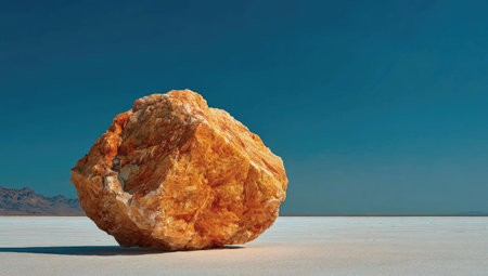 An isolated, detailed rock formation is displayed against a bright blue sky, the rock exhibits shades of orange and brown with a rough, uneven texture. The composition utilizes natural lighting, highlighting the form's intricate details and casting subtle shadows. This image is suitable for various commercial purposes, including website design and editorial content.の素材