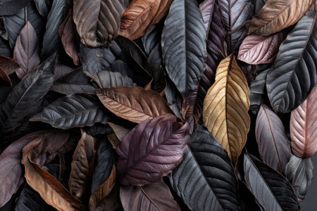 A close-up captures an array of leaves displaying a rich spectrum of colors. These include deep browns, cool grays, elegant purples, and shimmering gold. The arrangement offers a textured visual appeal under soft lighting, suitable for artistic projects and commercial purposes, such as design elements or decorative applications.の素材